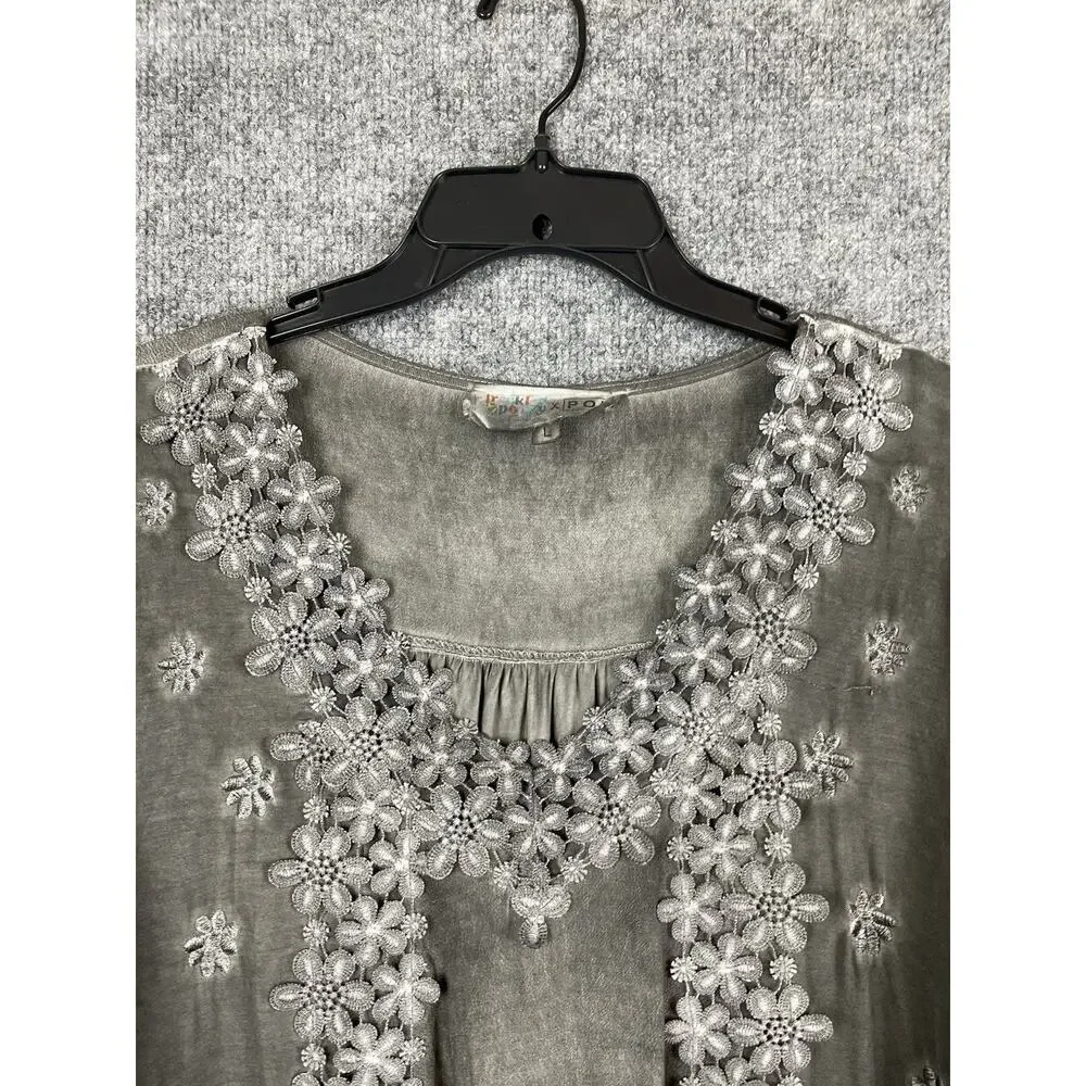 POL Embroidered Lace Trim Blouse Oversize Long-Sleeve lace Cuffs Charol Gray L - Picture 2 of 13